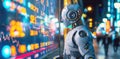 3D rendering of a humanoid robot analyzing a stock market chart with trading charts
