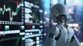 3D rendering of a humanoid robot analyzing a stock market chart with trading charts