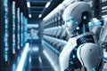 3d rendering humanoid robot in data center or server room with circuit board, Futuristic illustration of an AI robot on a blurry