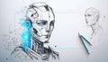 3d rendering humanoid robot head with pencil in hand drawn sketch style Royalty Free Stock Photo