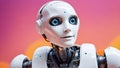 3d rendering humanoid robot with headphones listening to music on colorful background