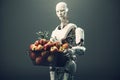 3d rendering humanoid robot holding a basket of apples over grey background, Futuristic AI robot farmer holding a basket of fresh