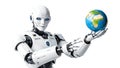 3d rendering humanoid robot holding earth globe