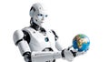 3d rendering humanoid robot holding earth globe isolated on white