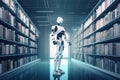 3d rendering humanoid robot in library with bookshelves on background, Futuristic AI robot librarian in a library, AI Generated