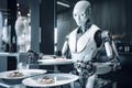 3d rendering humanoid robot with plate of dumplings in restaurant, Futuristic AI robot serving dishes in the restaurant, AI