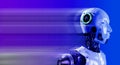 3d rendering humanoid robot portrait, moving fast forward with digital binary code, blue network background. Royalty Free Stock Photo
