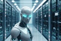 3d rendering humanoid robot in server room with circuit board in background, Futuristic illustration of an AI robot on a blurry