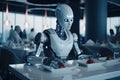3d rendering humanoid robot sitting at table in restaurant and eating food, Futuristic AI robot serving dishes in the restaurant,
