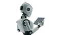 3d rendering humanoid robot with tablet pc computer isolated on white background