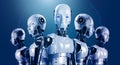 3d rendering of humanoid robot team, robotics army, cyborg machines on blue digital global network background.