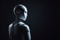 3d rendering humanoid robot thinking on black background/