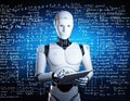 3d rendering humanoid robot using tablet computer with mathematical formulas on background. Royalty Free Stock Photo