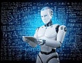 3d rendering humanoid robot using tablet computer with mathematical formulas on background. Royalty Free Stock Photo