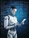 3d rendering humanoid robot using tablet computer with mathematical formulas on background. Royalty Free Stock Photo