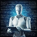 3d rendering humanoid robot using tablet computer with mathematical formulas on background. Royalty Free Stock Photo