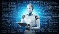 3d rendering humanoid robot using tablet computer with mathematical formulas on background. Royalty Free Stock Photo