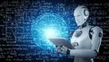 3d rendering humanoid robot using tablet computer with mathematical formulas on background. Royalty Free Stock Photo