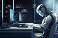 3d rendering humanoid robot working on computer in dark office at night, 3D rendering of a humanoid robot engaged in computer work Royalty Free Stock Photo