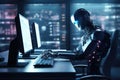 3d rendering humanoid robot working on computer in office at night time, 3D rendering of a humanoid robot engaged in computer work Royalty Free Stock Photo