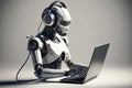 3d rendering humanoid robot working with headset and notebook Royalty Free Stock Photo