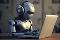 3d rendering humanoid robot working with headset and notebook Royalty Free Stock Photo