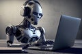 3d rendering humanoid robot working with headset and notebook