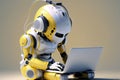 3d rendering humanoid robot working with headset and notebook Royalty Free Stock Photo