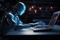3d rendering humanoid robot working on laptop computer in dark office space, Robot hand working on laptop computer in dark office