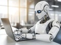 3d rendering humanoid robot working on laptop at office desk
