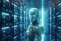 3D rendering humanoid robot working in server room with binary code on screen, Futuristic illustration of an AI robot on a blurry