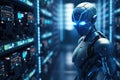 3D rendering humanoid robot working in server room with circuit board background, Futuristic illustration of an AI robot on a