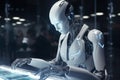 3d rendering, humanoid robots working on tablet and notebook Smart factory, industry 4.0, M2M computer aided manufacturing, AI