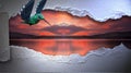 3D rendering of a hummingbird on cracked wall with sunset sea view background