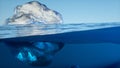 3d rendering of an iceberg, underwater split view