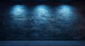 3D rendering of an illuminated brick wall with blue spotlights