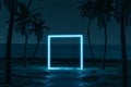 3d rendering of illuminated square frame on beach sand and palm avenue