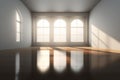 A 3D rendering illuminates an empty room as light gracefully enters