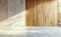 A 3D rendering illustrates a modern empty interior with wooden planks covering the wall Royalty Free Stock Photo