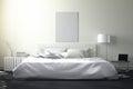 3D rendering : illustration of big spacious bedroom in soft light color. big comfortable double bed in elegant bedroom
