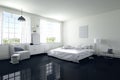 3D rendering : illustration of big spacious bedroom in soft light color. big comfortable double bed in elegant modern bedroom Royalty Free Stock Photo