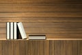 3D rendering : Illustration of books on wooden shelf or wooden bar against wooden wall