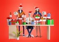 3D rendering illustration Businessman and his team next to desk with lots of presents and Christmas gifts. Celebrating Christmas a Royalty Free Stock Photo