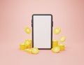 3d rendering illustration Cartoon minimal coin stacking modern smartphone on pink background.