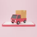 Cartoon minimal delivery truck loaded with a cardboard box and smartphone cargo box logistics Royalty Free Stock Photo