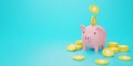 3d rendering illustration Cartoon minimal pink piggy bank with coin