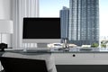 3D Rendering : illustration close up of Creative designer office desktop with blank computer,keyboard,camera,lamp and other items Royalty Free Stock Photo