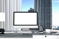 3D Rendering : illustration close up of Creative designer office desktop with blank computer,keyboard Royalty Free Stock Photo