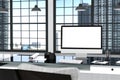 3D Rendering : illustration close up of Creative designer office desktop with blank computer,keyboard,camera,lamp Royalty Free Stock Photo