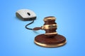 3D rendering illustration of a computer mouse connected to a gavel isolated on a blue background Royalty Free Stock Photo